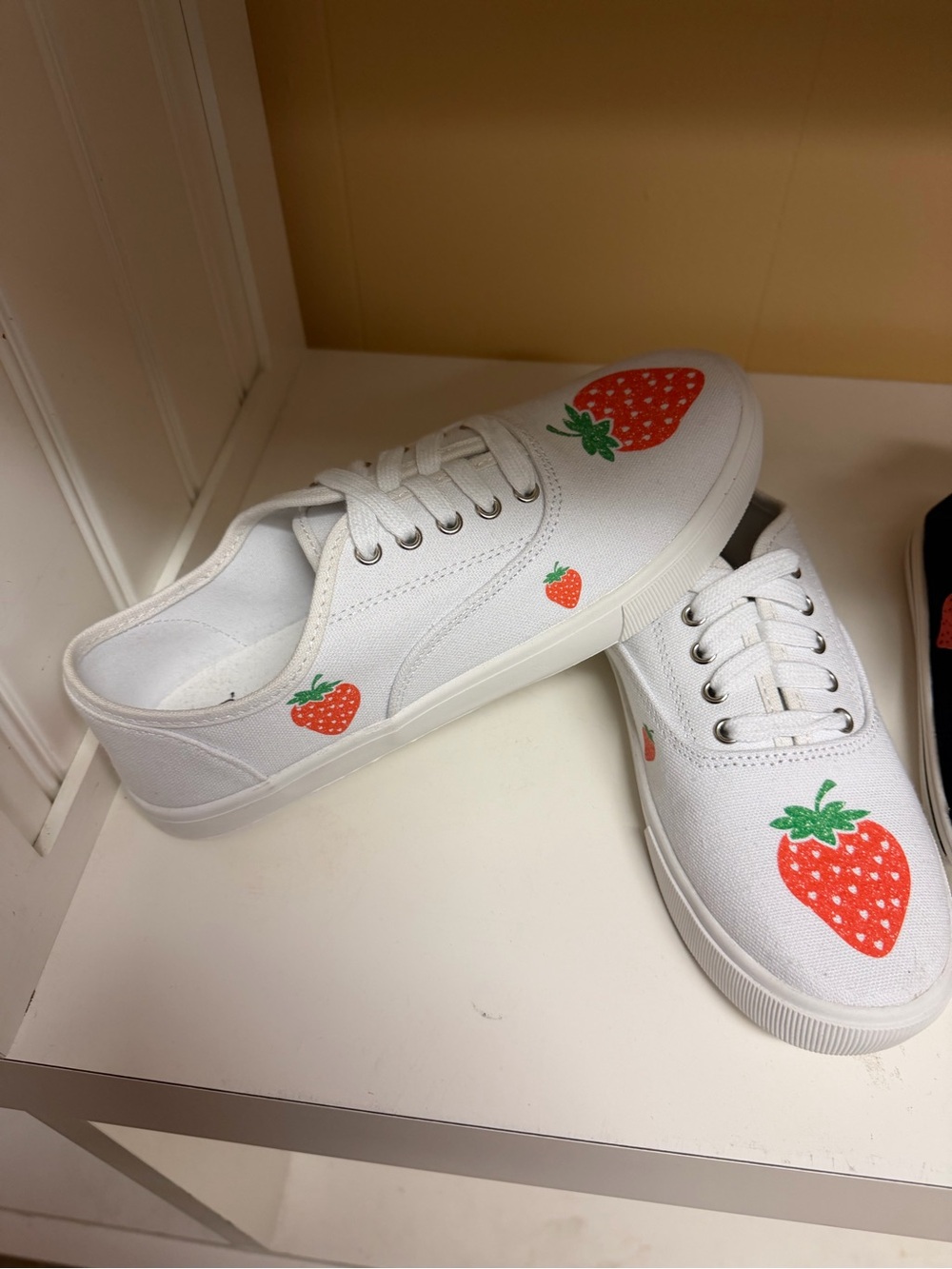 White Canvas Sneakers with Red Strawberry Print